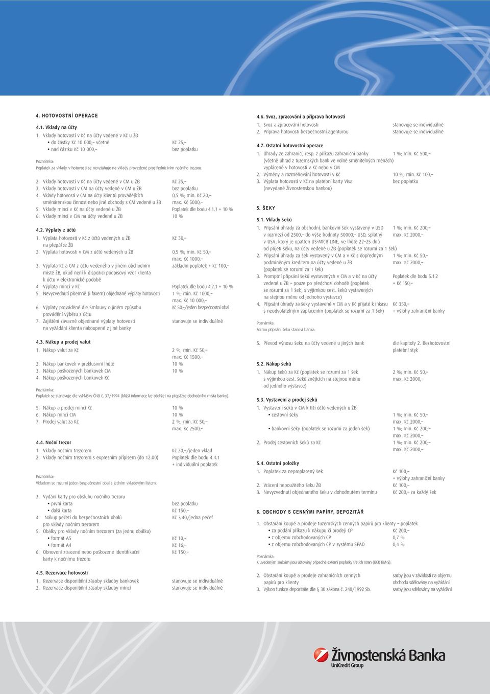 trezoru. 2. Vklady hotovostí v Kč na účty vedené v CM u ŽB Kč 25, 3. Vklady hotovostí v CM na účty vedené v CM u ŽB 4. Vklady hotovostí v CM na účty klientů provádějících 0,5 %; min.