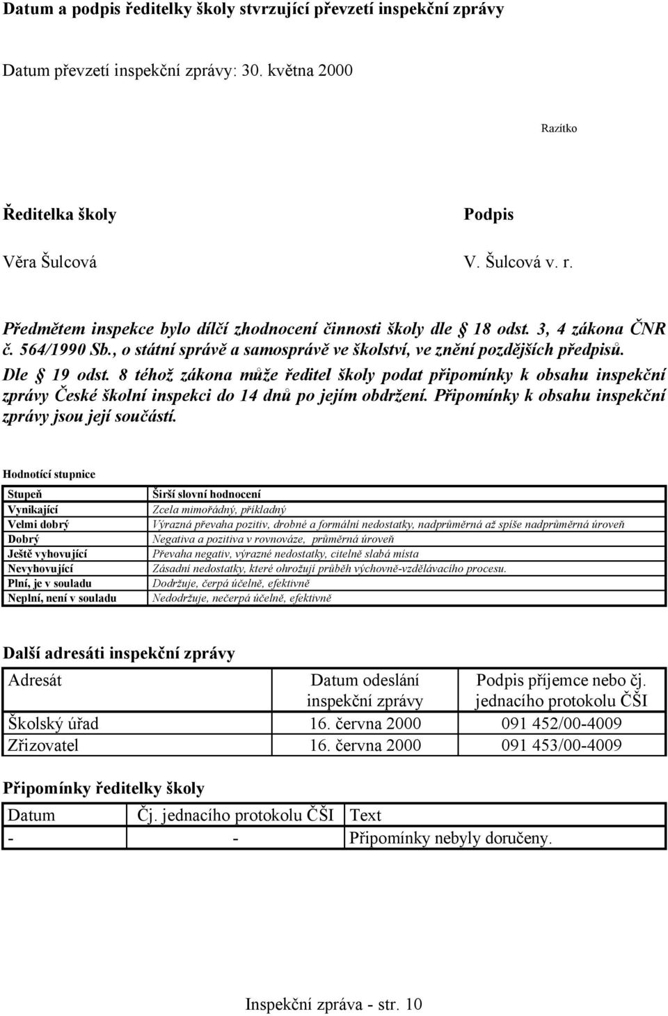 8 téhož zákona může ředitel školy podat připomínky k obsahu inspekční zprávy České školní inspekci do 14 dnů po jejím obdržení. Připomínky k obsahu inspekční zprávy jsou její součástí.