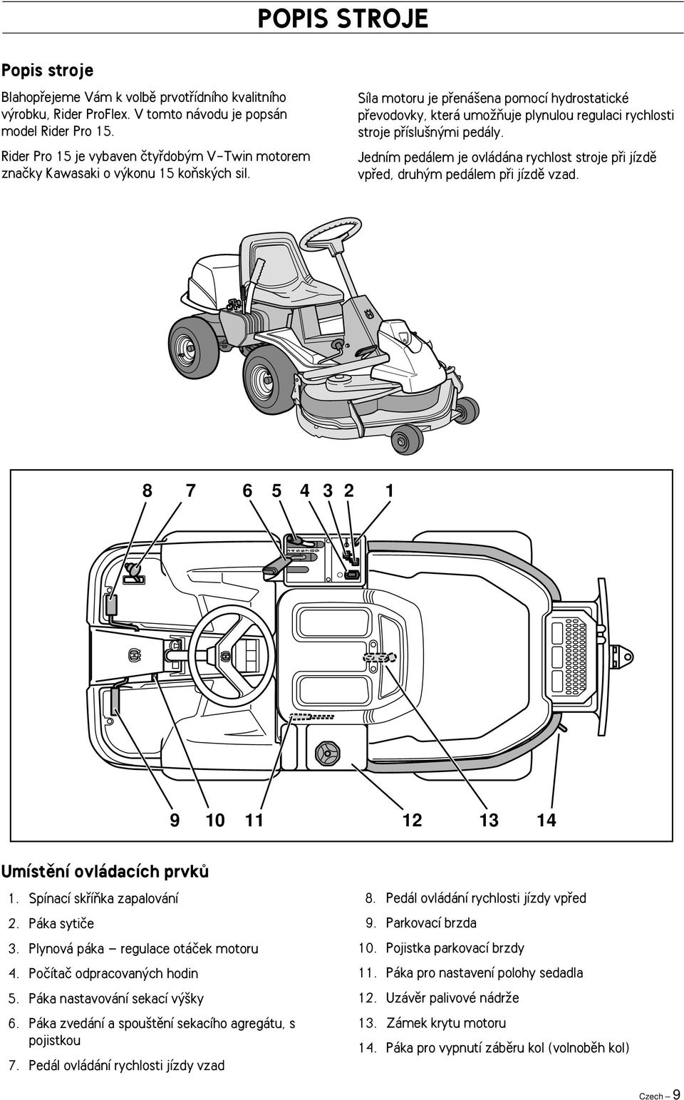 Síla motoru je pfiená ena pomocí hydrostatické pfievodovky, která umoïàuje plynulou regulaci rychlosti stroje pfiíslu n mi pedály.