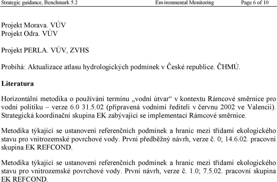 Literatura Horizontální metodika o používání termínu vodní útvar v kontextu Rámcové směrnice pro vodní politiku verze 6.0 31.5.02 (připravená vodními řediteli v červnu 2002 ve Valencii).