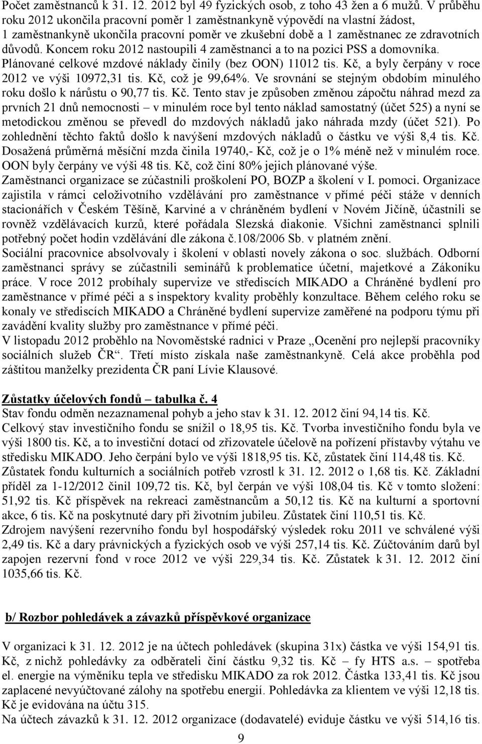 Koncem roku 2012 nastoupili 4 zaměstnanci a to na pozici PSS a domovníka. Plánované celkové mzdové náklady činily (bez OON) 11012 tis. Kč, a byly čerpány v roce 2012 ve výši 10972,31 tis.