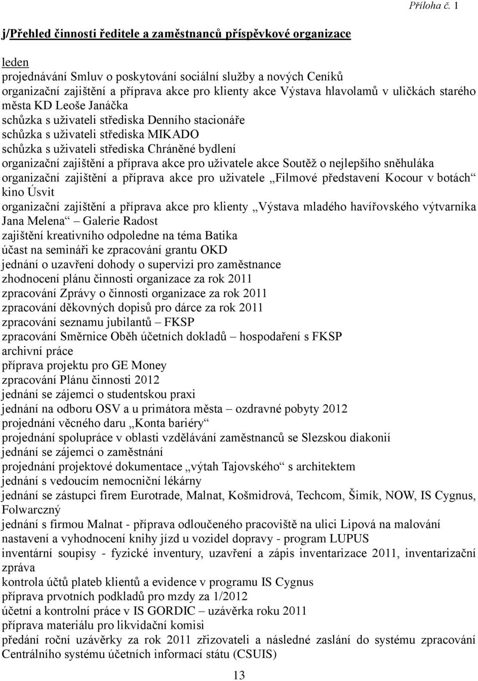 Výstava hlavolamů v uličkách starého města KD Leoše Janáčka schůzka s uživateli střediska Denního stacionáře schůzka s uživateli střediska MIKADO schůzka s uživateli střediska Chráněné bydlení