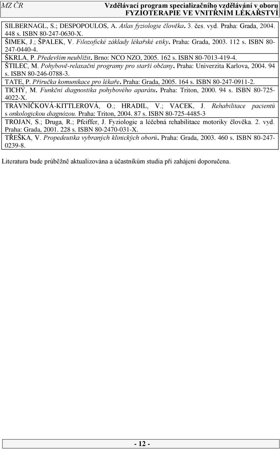 94 s. ISBN 80-246-0788-3. TATE, P. Příručka komunikace pro lékaře. Praha: Grada, 2005. 164 s. ISBN 80-247-0911-2. TICHÝ, M. Funkční diagnostika pohybového aparátu. Praha: Triton, 2000. 94 s.
