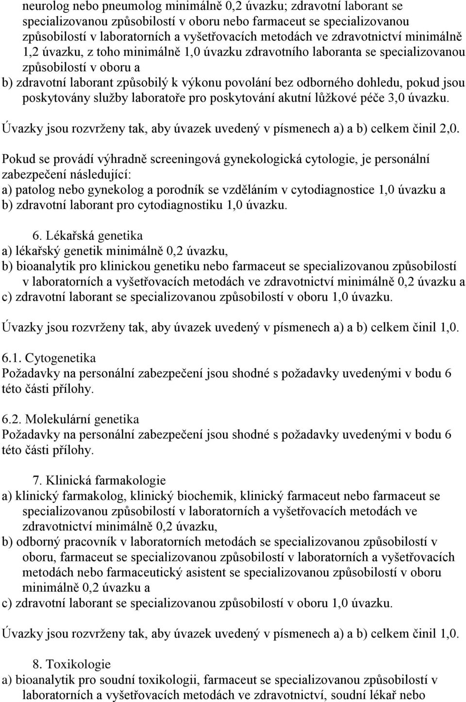 dohledu, pokud jsou poskytovány služby laboratoře pro poskytování akutní lůžkové péče 3,0 úvazku. Úvazky jsou rozvrženy tak, aby úvazek uvedený v písmenech a) a b) celkem činil 2,0.