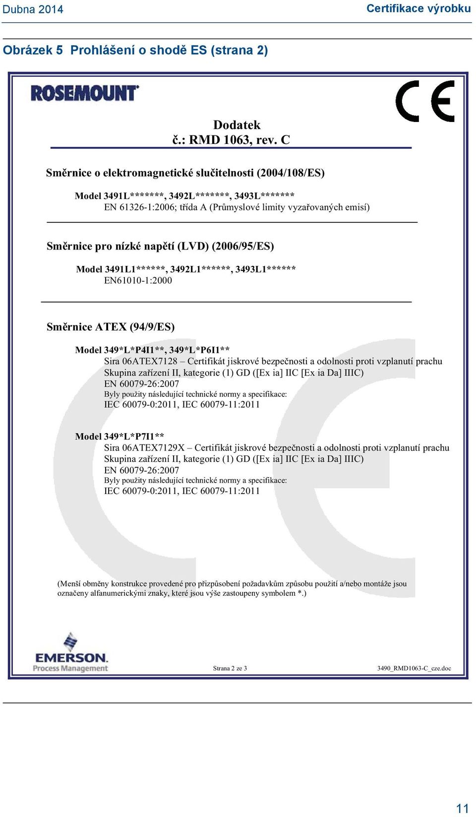 (LVD) (2006/95/ES) Model 3491L1******, 3492L1******, 3493L1****** EN61010-1:2000 Sm rnice ATEX (94/9/ES) Model 349*L*P4I1**, 349*L*P6I1** Sira 06ATEX7128 Certifikát jiskrové bezpe nosti a odolnosti