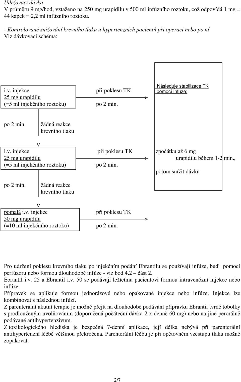 Následuje stabilizace TK pomocí infuze: po 2 min. žádná reakce krevního tlaku v i.v. injekce při poklesu TK zpočátku až 6 mg 25 mg urapidilu > urapidilu během 1-2 min.