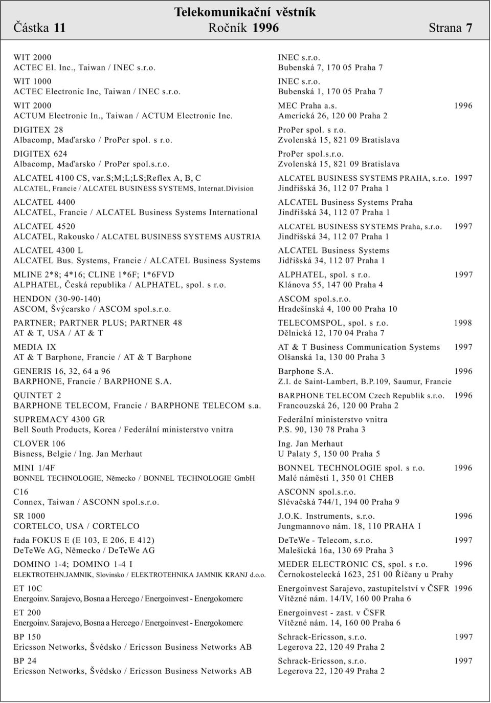 s.r.o. Albacomp, Maïarsko / ProPer spol.s.r.o. Zvolenská 15, 821 09 Bratislava ALCATEL 4100 CS, var.s;m;l;ls;reflex A, B, C ALCATEL BUSINESS SYSTEMS PRAHA, s.r.o. 1997 ALCATEL, Francie / ALCATEL BUSINESS SYSTEMS, Internat.