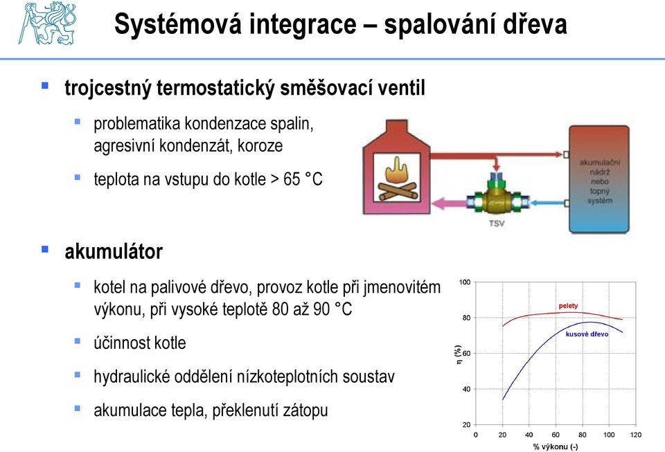 kotel na palivové dřevo, provoz kotle při jmenovitém výkonu, při vysoké teplotě 80 až 90 C