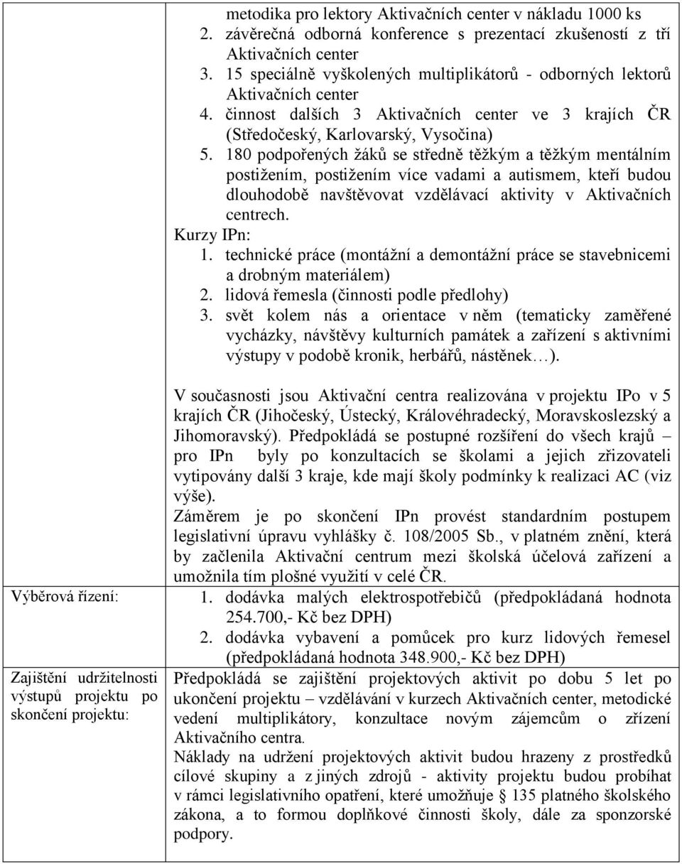 180 podpořených ţáků se středně těţkým a těţkým mentálním postiţením, postiţením více vadami a autismem, kteří budou dlouhodobě navštěvovat vzdělávací aktivity v Aktivačních centrech. Kurzy IPn: 1.
