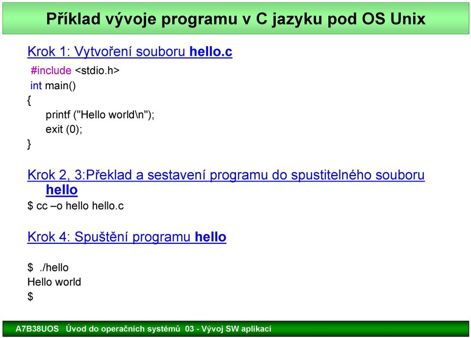 h> int main() { printf ("Hello world\n"); exit (0); } Krok 2, 3:Překlad a