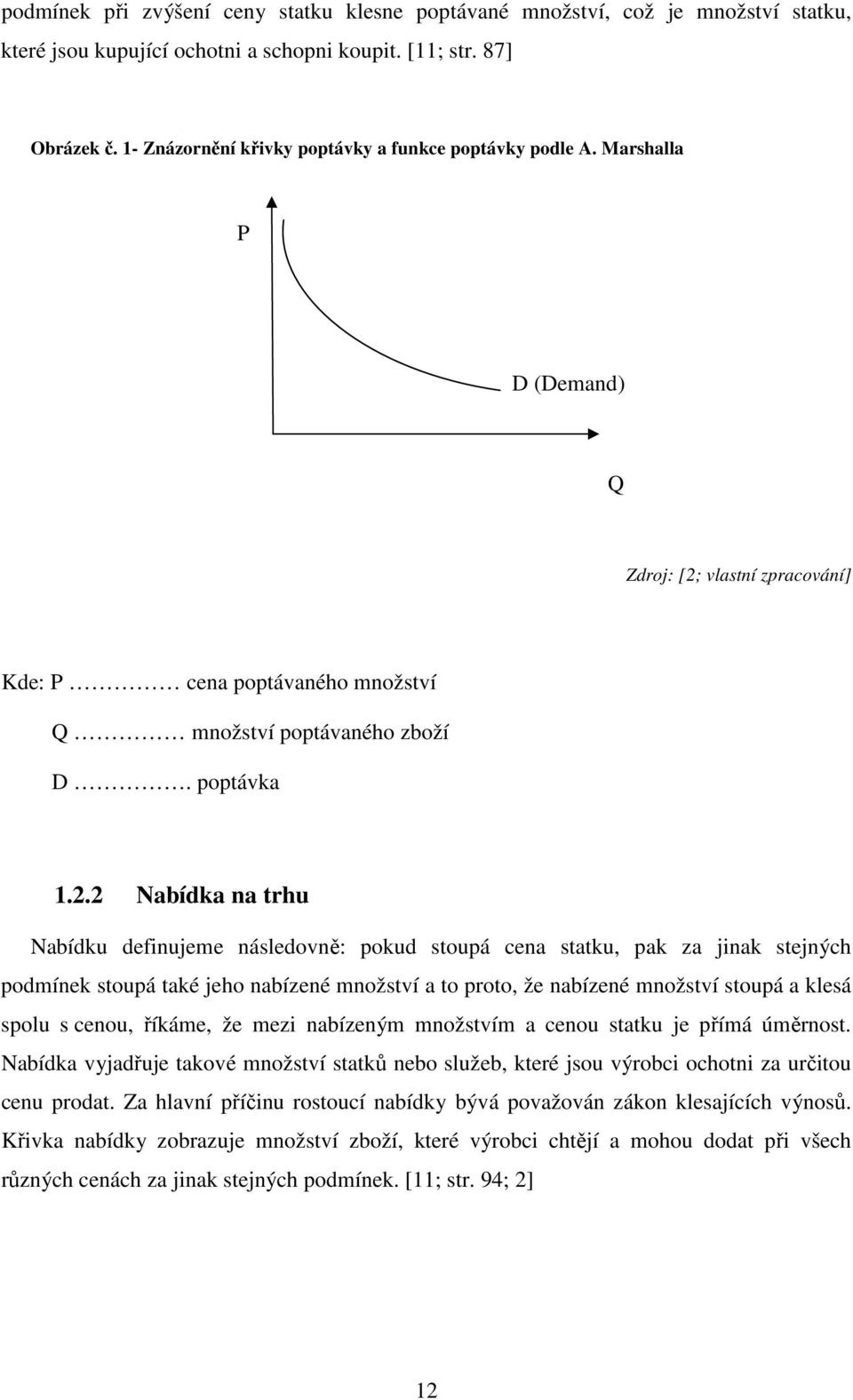 vlastní zpracování] Kde: P cena poptávaného množství Q množství poptávaného zboží D. poptávka 1.2.