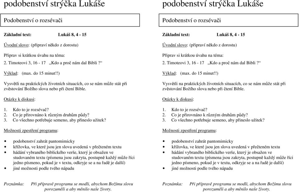 Co všechno potřebuje semeno, aby přineslo užitek? jiné možnosti podle tvého nápadu Základní text: Lukáš 8, 4-15 2. Timoteovi 3, 16-17 Kdo a proč nám dal Bibli?