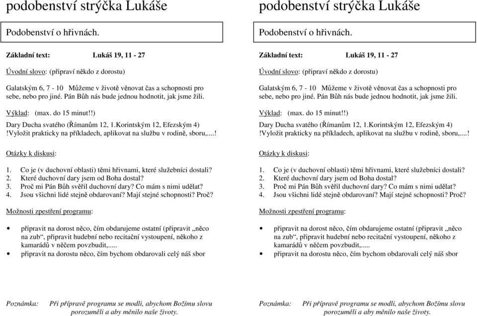 2. Které duchovní dary jsem od Boha dostal? 3. Proč 