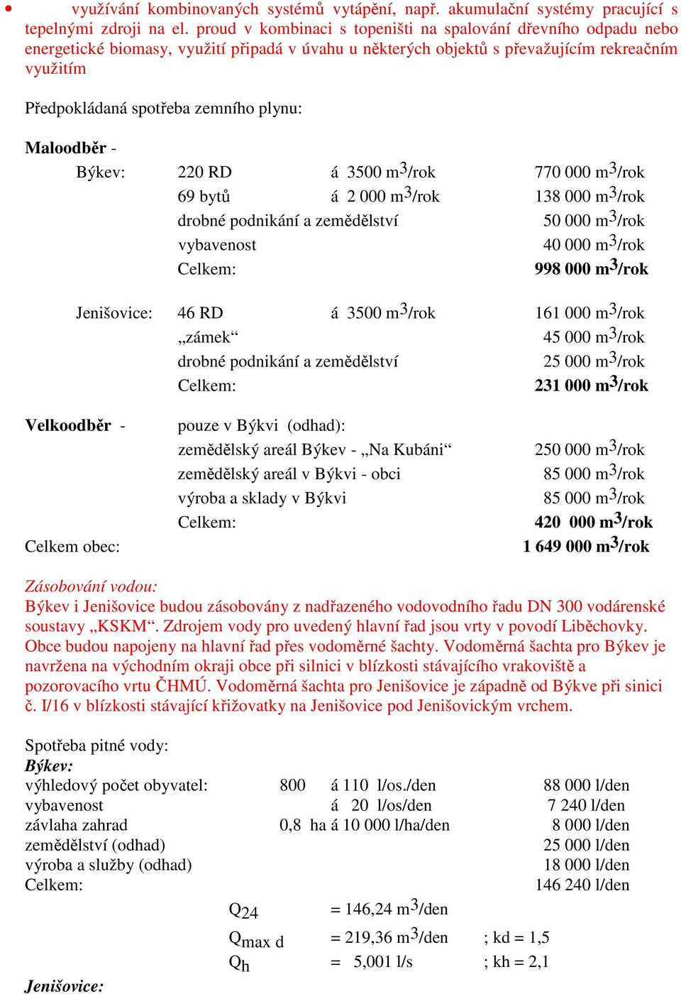 plynu: Maloodběr - Býkev: 220 RD á 3500 m 3 /rok 770 000 m 3 /rok 69 bytů á 2 000 m 3 /rok 138 000 m 3 /rok drobné podnikání a zemědělství 50 000 m3/rok vybavenost 40 000 m3/rok Celkem: 998 000