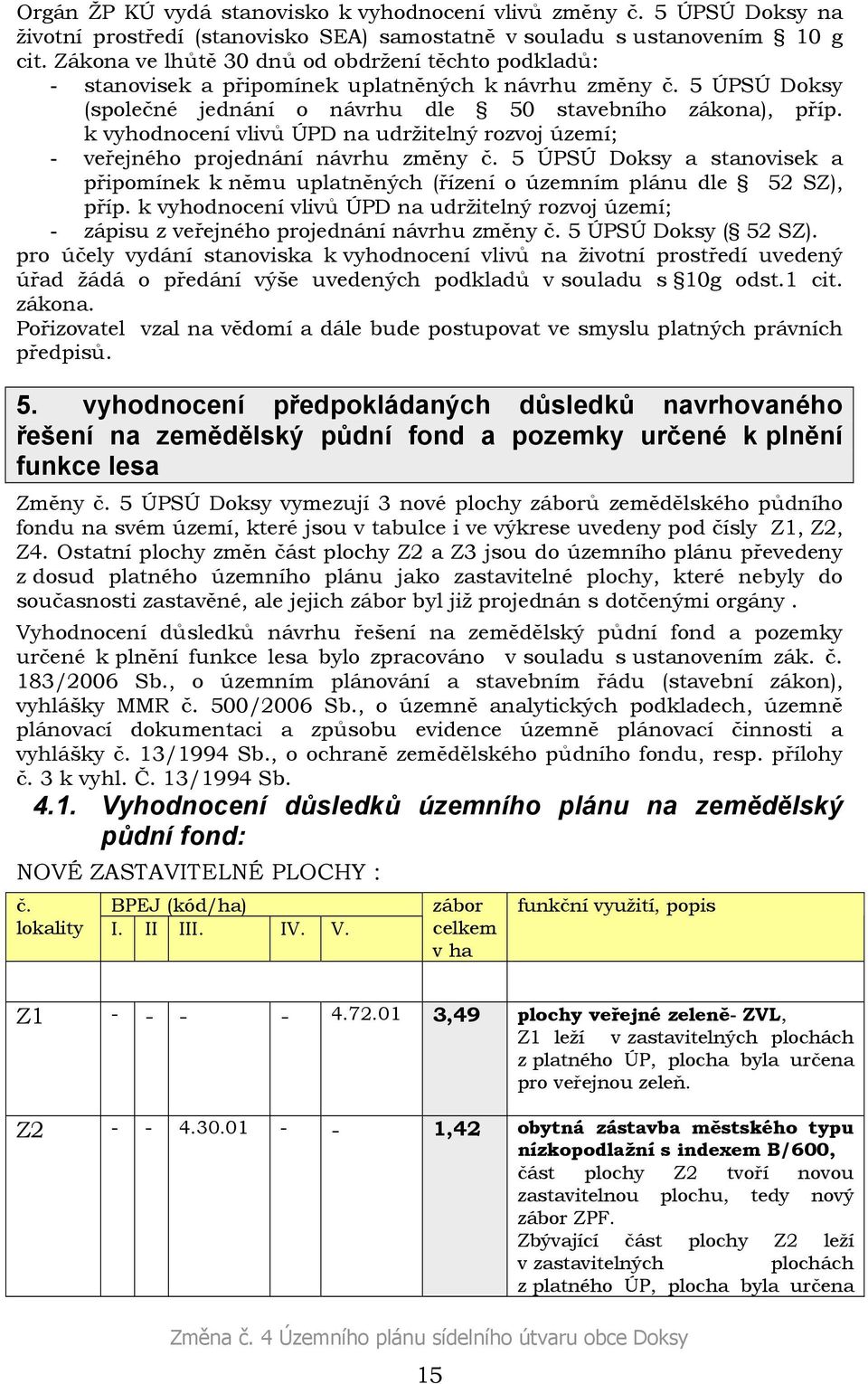 k vyhodnocení vlivů ÚPD na udržitelný rozvoj území; - veřejného projednání návrhu změny č. 5 ÚPSÚ Doksy a stanovisek a připomínek k němu uplatněných (řízení o územním plánu dle 52 SZ), příp.