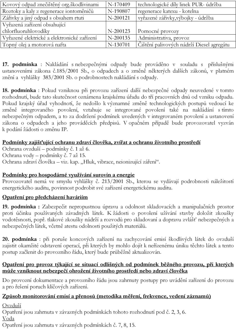 zářivky,výbojky - údržba Vyřazená zařízení obsahující chlorfluoruhlovodíky N-200123 Pomocné provozy Vyřazené elektrické a elektronické zařízení N-200135 Administrativa, provoz Topný olej a motorová