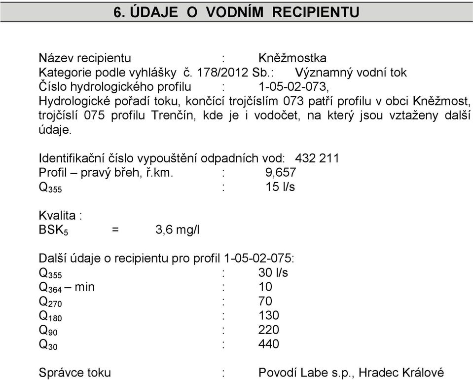 075 profilu Trenčín, kde je i vodočet, na který jsou vztaženy další údaje. Identifikační číslo vypouštění odpadních vod: 432 211 Profil pravý břeh, ř.km.