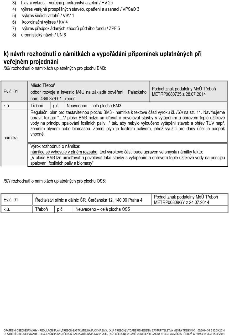 uplatněných pro plochu BM3: Město Třeboň Ev.č. 01 odbor rozvoje a investic MěÚ na základě pověření, Palackého nám. 46/II 379 01 Třeboň k.ú. Třeboň p.č. Neuvedeno celá plocha BM3 námitka Podací znak podatelny MěÚ Třeboň METRP0080735 z 28.