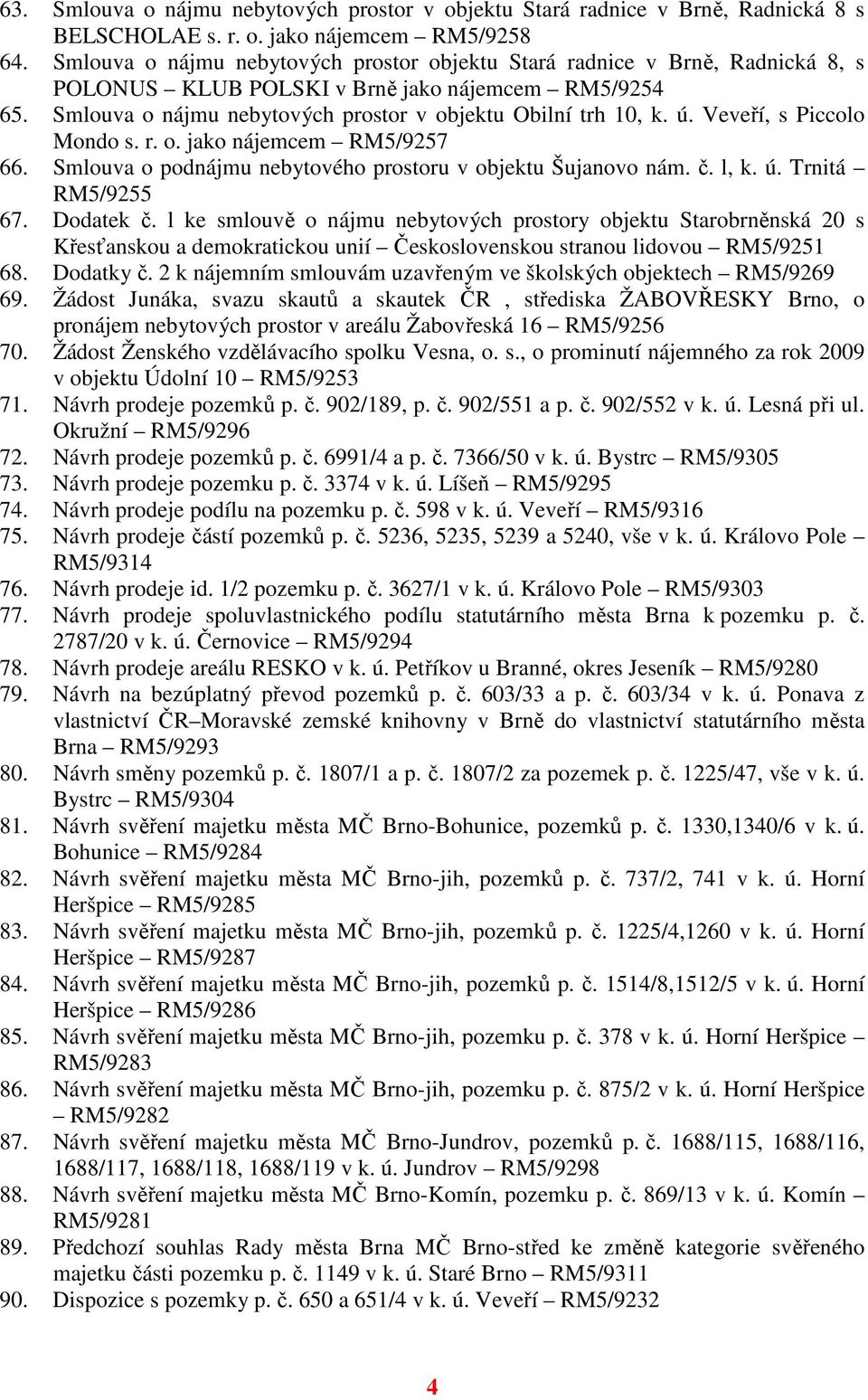 Veveří, s Piccolo Mondo s. r. o. jako nájemcem RM5/9257 66. Smlouva o podnájmu nebytového prostoru v objektu Šujanovo nám. č. l, k. ú. Trnitá RM5/9255 67. Dodatek č.