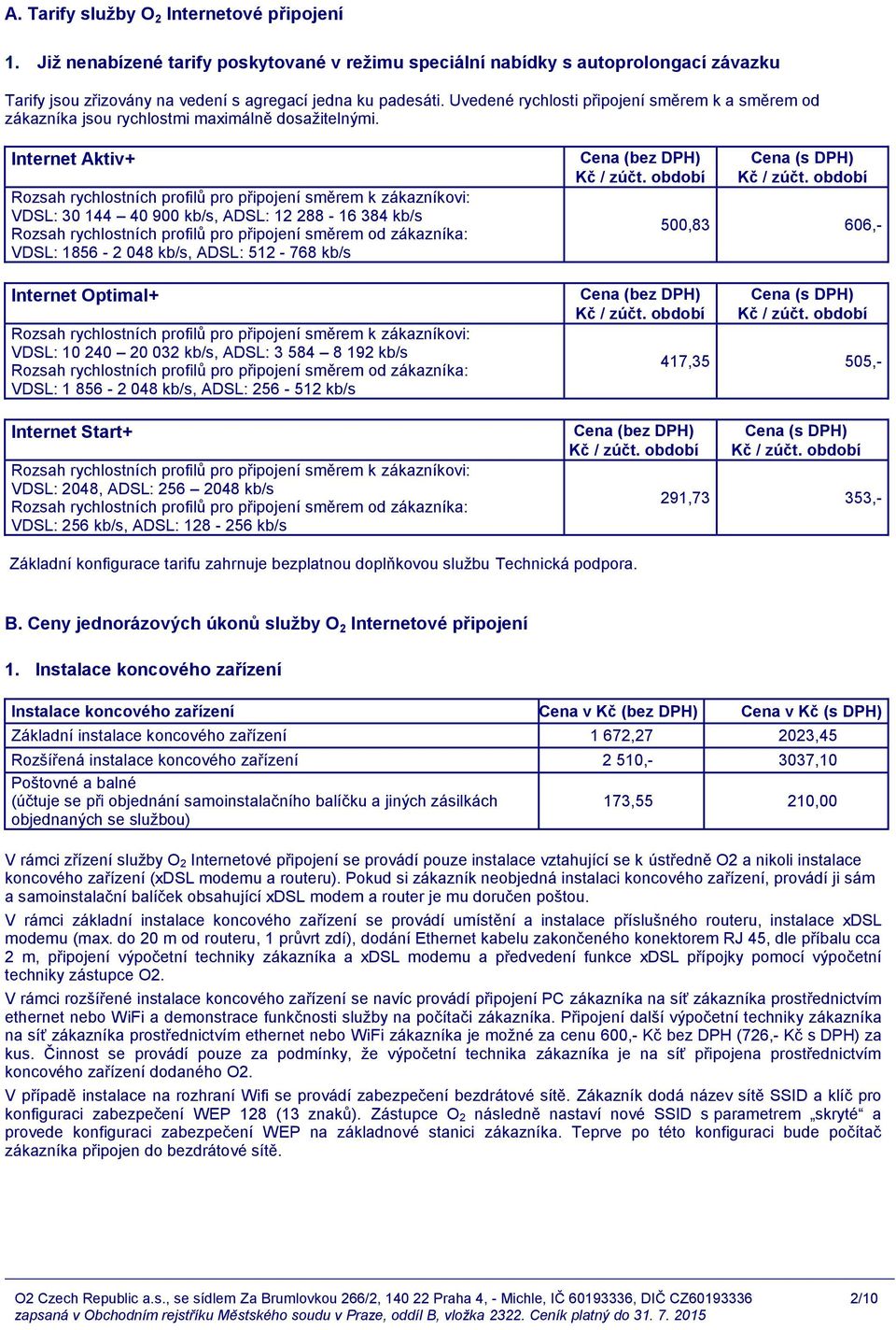 Internet Aktiv+ Rozsah rychlostních profilů pro připojení směrem k zákazníkovi: VDSL: 30 144 40 900 kb/s, ADSL: 12 288-16 384 kb/s Rozsah rychlostních profilů pro připojení směrem od zákazníka: VDSL: