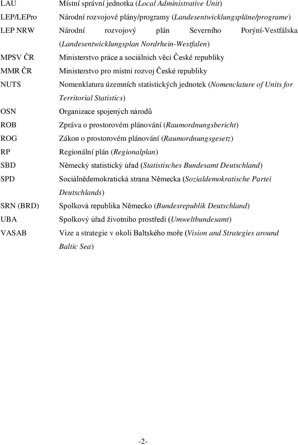 statistických jednotek (Nomenclature of Units for Territorial Statistics) OSN Organizace spojených národů ROB Zpráva o prostorovém plánování (Raumordnungsbericht) ROG Zákon o prostorovém plánování
