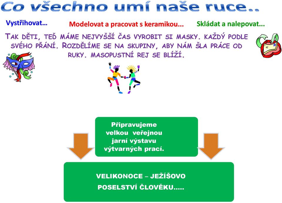 ROZDĚLÍME SE NA SKUPINY, ABY NÁM ŠLA PRÁCE OD RUKY. MASOPUSTNÍ REJ SE BLÍŽÍ.