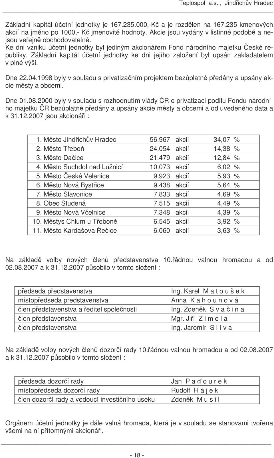 Základní kapitál účetní jednotky ke dni jejího založení byl upsán zakladatelem v plné výši. Dne 22.04.1998 byly v souladu s privatizačním projektem bezúplatně předány a upsány akcie městy a obcemi.