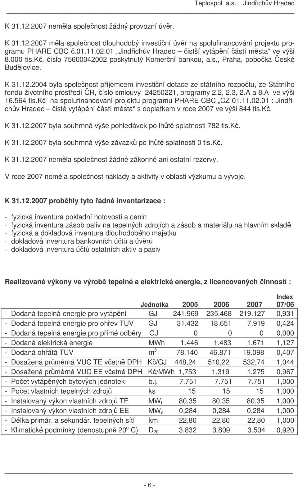 2004 byla společnost příjemcem investiční dotace ze státního rozpočtu, ze Státního fondu životního prostředí ČR, číslo smlouvy 24250221, programy 2.2, 2.3, 2.A a 8.A ve výši 16.564 tis.