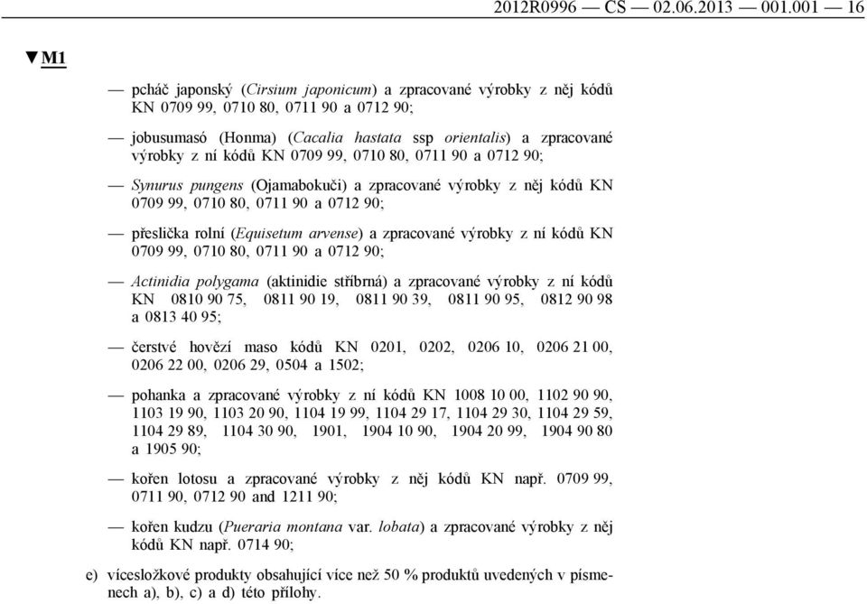 KN 0709 99, 0710 80, 0711 90 a 0712 90; Synurus pungens (Ojamabokuči) a zpracované výrobky z něj kódů KN 0709 99, 0710 80, 0711 90 a 0712 90; přeslička rolní (Equisetum arvense) a zpracované výrobky