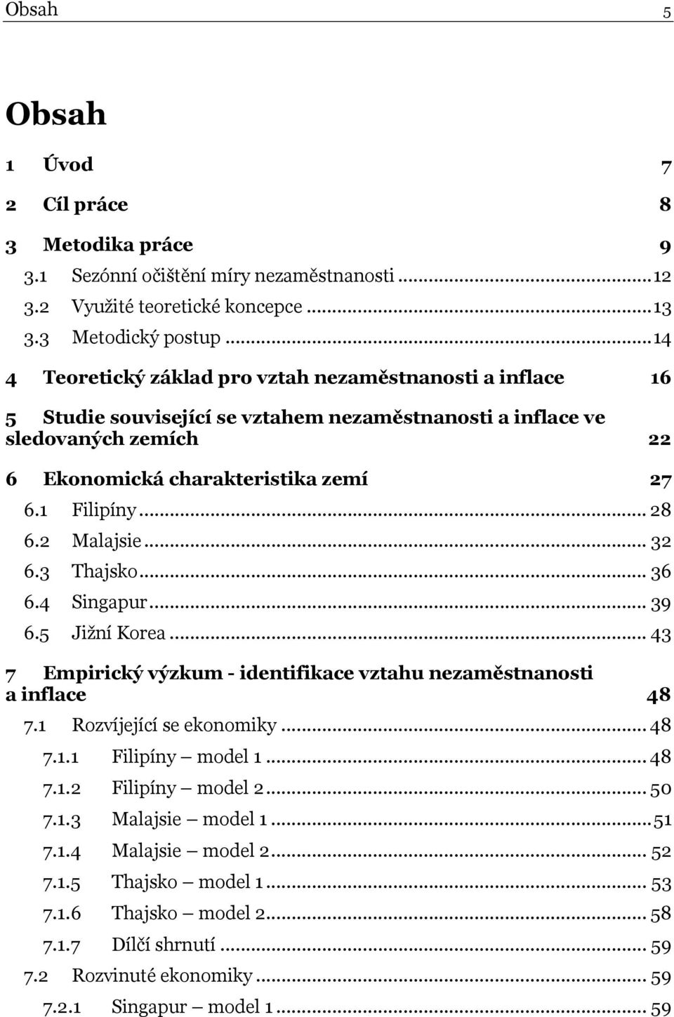 2 Malajsie... 32 6.3 Thajsko... 36 6.4 Singapur... 39 6.5 Jižní Korea... 43 7 Empirický výzkum - idenifikace vzahu nezaměsnanosi a inflace 48 7.1 Rozvíjející se ekonomiky... 48 7.1.1 Filipíny model 1.