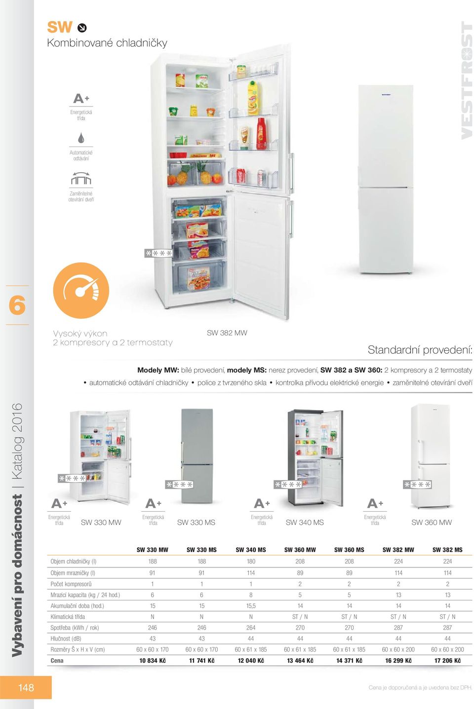 330 MS SW 340 MS SW 30 MW SW 30 MS SW 382 MW SW 382 MS Objem chladničky (l) 188 188 180 208 208 224 224 Objem mrazničky (l) 91 91 114 89 89 114 114 Počet kompresorů 1 1 1 2 2 2 2 Mrazicí kapacita (kg