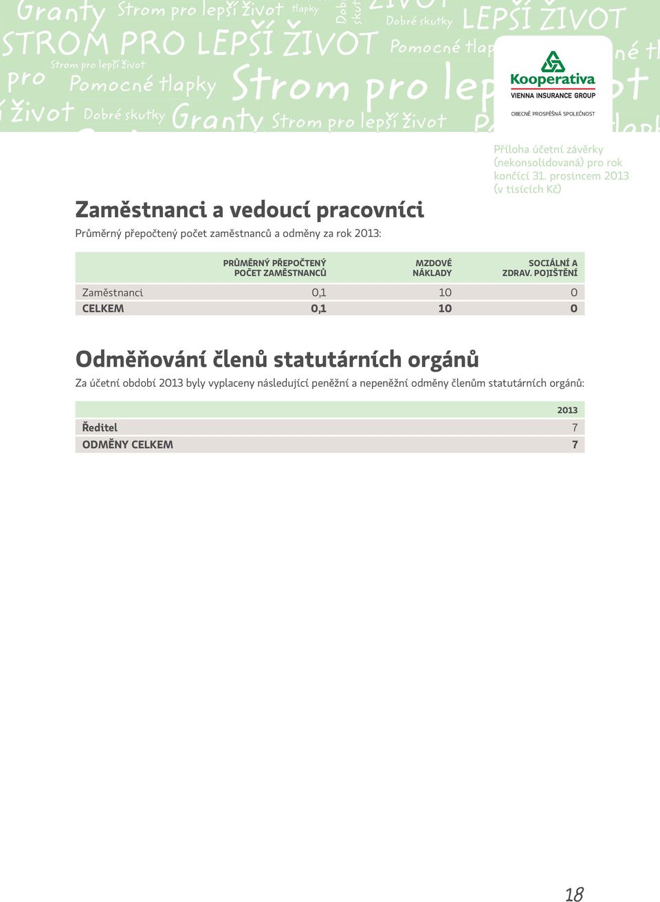 POJIŠĚ Odměňování členů statutárních orgánů ro cné la Za účetní období 2013 byly vyplaceny následující peněžní a nepeněžní