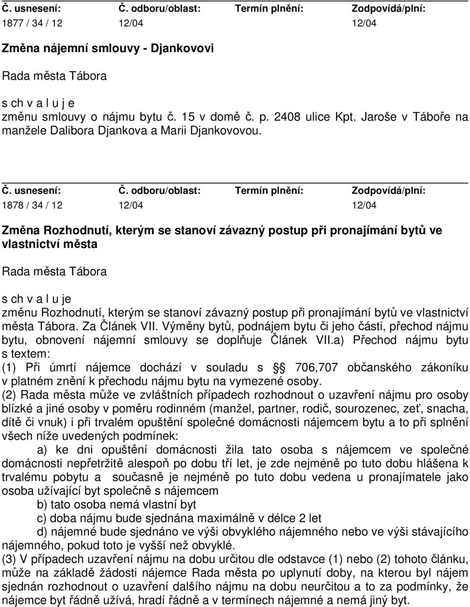 pronajímání bytů ve vlastnictví města Tábora. Za Článek VII. Výměny bytů, podnájem bytu či jeho části, přechod nájmu bytu, obnovení nájemní smlouvy se doplňuje Článek VII.