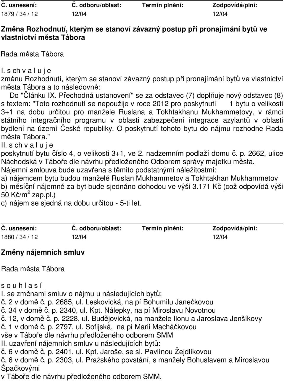 Přechodná ustanovení" se za odstavec (7) doplňuje nový odstavec (8) s textem: "Toto rozhodnutí se nepoužije v roce 2012 pro poskytnutí 1 bytu o velikosti 3+1 na dobu určitou pro manžele Ruslana a