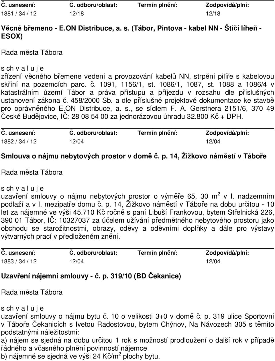 1088 a 1086/4 v katastrálním území Tábor a práva přístupu a příjezdu v rozsahu dle příslušných ustanovení zákona č. 458/2000 Sb. a dle příslušné projektové dokumentace ke stavbě pro oprávněného E.