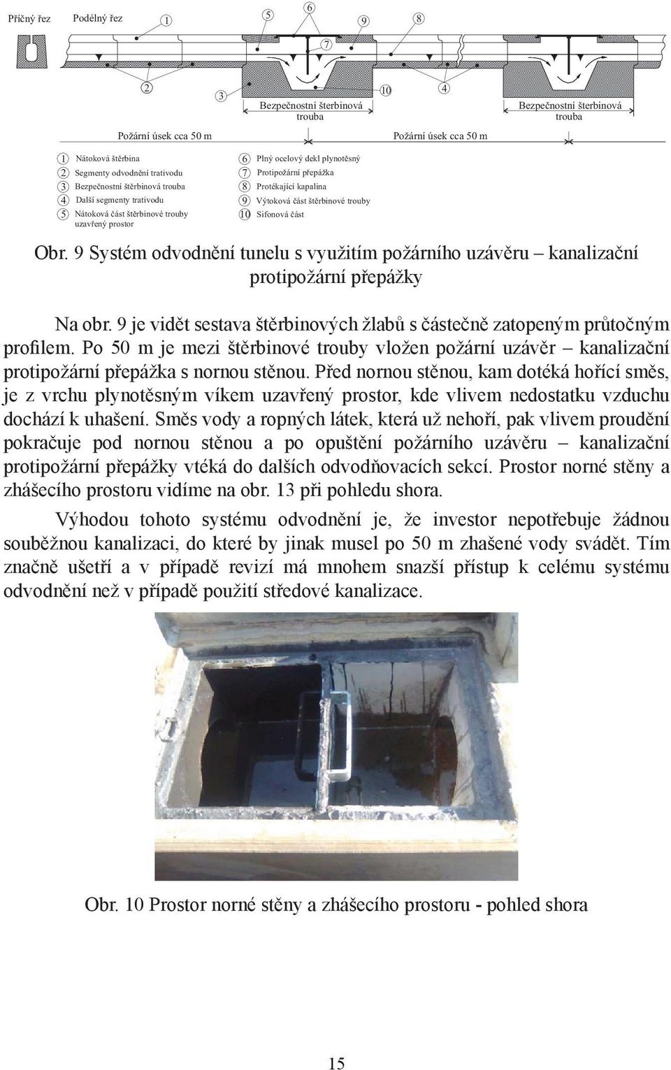 Výtoková část štěrbinové trouby Sifonová část Obr. 9 Systém odvodnění tunelu s využitím požárního uzávěru kanalizační protipožární přepážky Na obr.