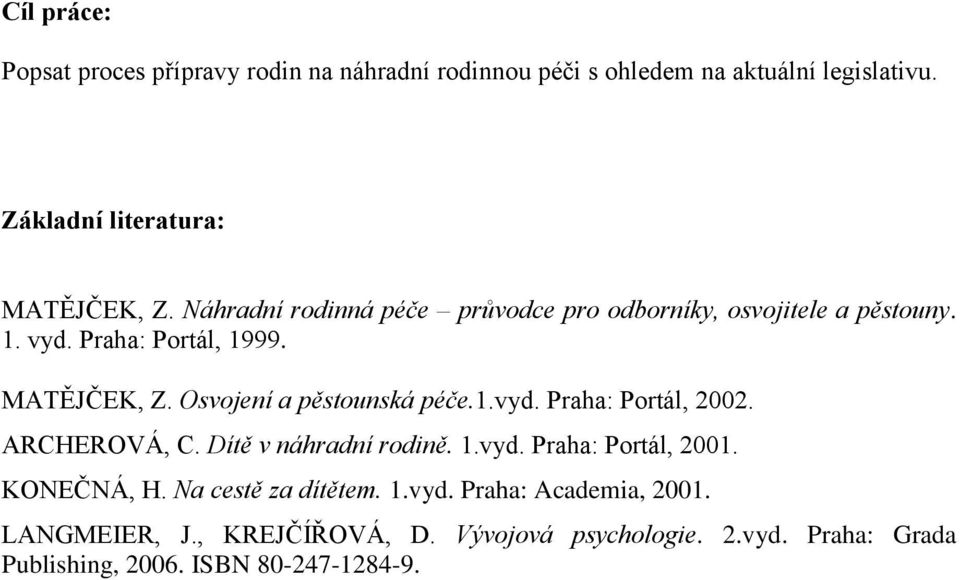 Osvojení a pěstounská péče.1.vyd. Praha: Portál, 2002. ARCHEROVÁ, C. Dítě v náhradní rodině. 1.vyd. Praha: Portál, 2001. KONEČNÁ, H.