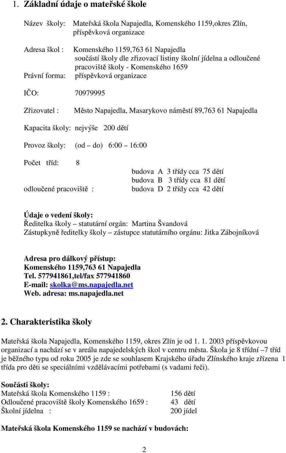 Kapacita školy: nejvýše 200 dětí Provoz školy: (od do) 6:00 16:00 Počet tříd: 8 odloučené pracoviště : budova A 3 třídy cca 75 dětí budova B 3 třídy cca 81 dětí budova D 2 třídy cca 42 dětí Údaje o