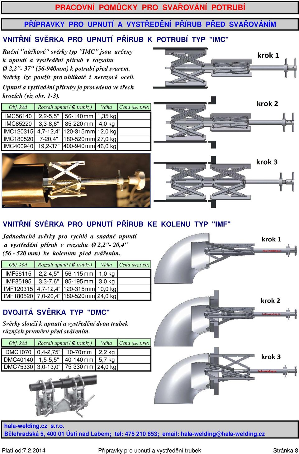 kód IMC56140 IMC85220 IMC120315 IMC180520 IMC400940 Rozsah upnutí (Ø trubky) Váha 2,2-5,5" 3,3-8,6" 56-140 mm 85-220 mm 1,35 kg 4,0 kg 4,7-12,4" 120-315 mm 12,0 kg 7-20,4" 180-520 mm 27,0 kg 19,2-37"