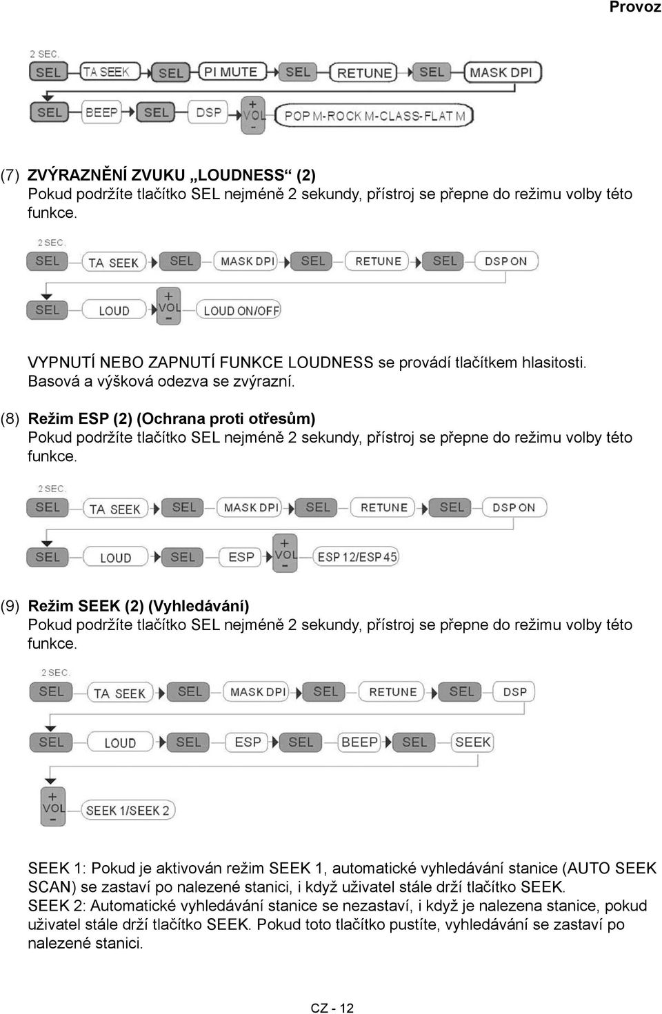 (8) Režim ESP (2) (Ochrana proti otřesům) Pokud podržíte tlačítko SEL nejméně 2 sekundy, přístroj se přepne do režimu volby této funkce.