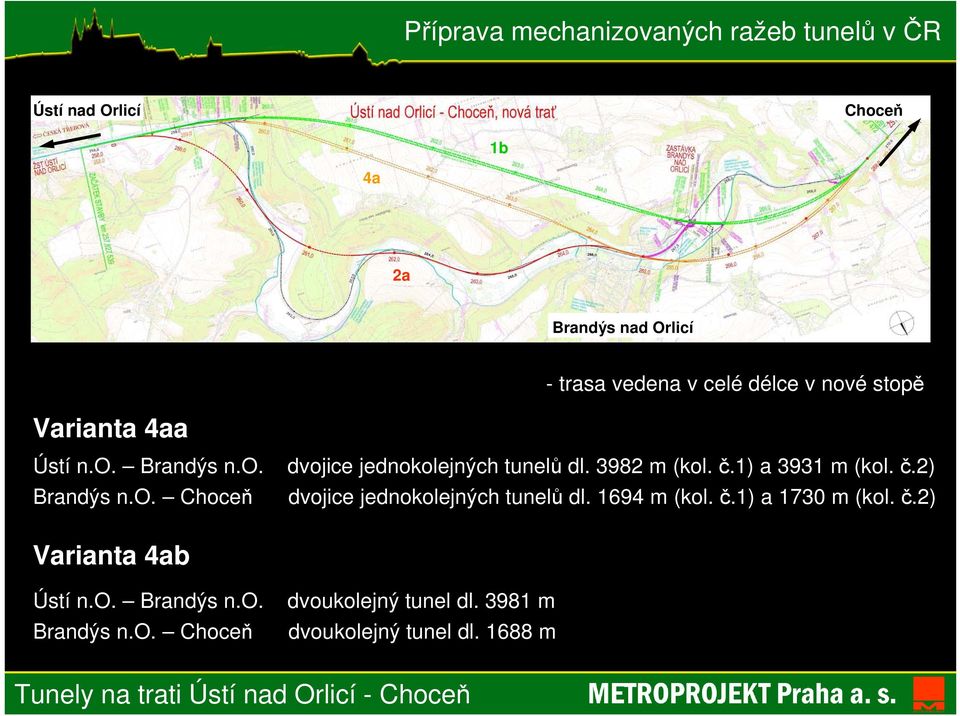 1694 m (kol. č.1) a 1730 m (kol. č.2) Varianta 4ab Ústí n.o. Brandýs n.o. dvoukolejný tunel dl.