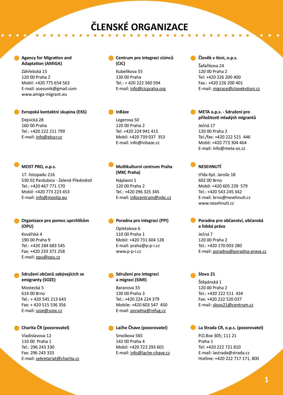 : +420 226 200 401 E-mail: migrace@clovekv sni.cz Evropská kontaktní skupina (EKS) Dejvická 28 160 00 Praha Tel.: +420 222 211 799 E-mail: info@ekscr.