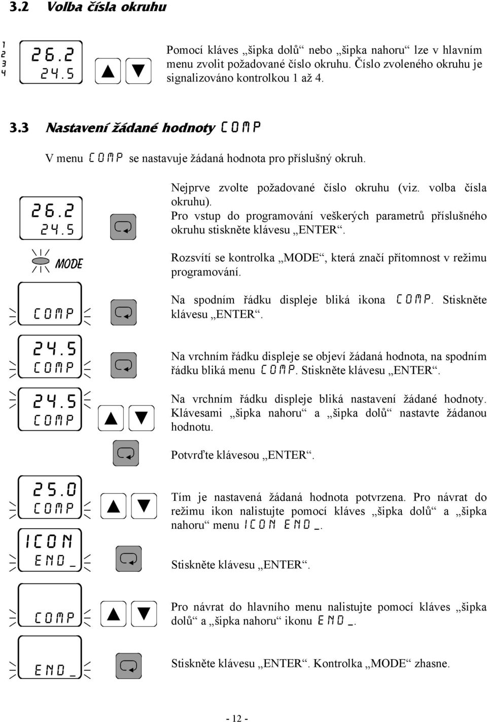 Rozsvítí se kontrolka MODE, která značí přítomnost v režimu programování. Na spodním řádku displeje bliká ikona comp. Stiskněte klávesu ENTER.