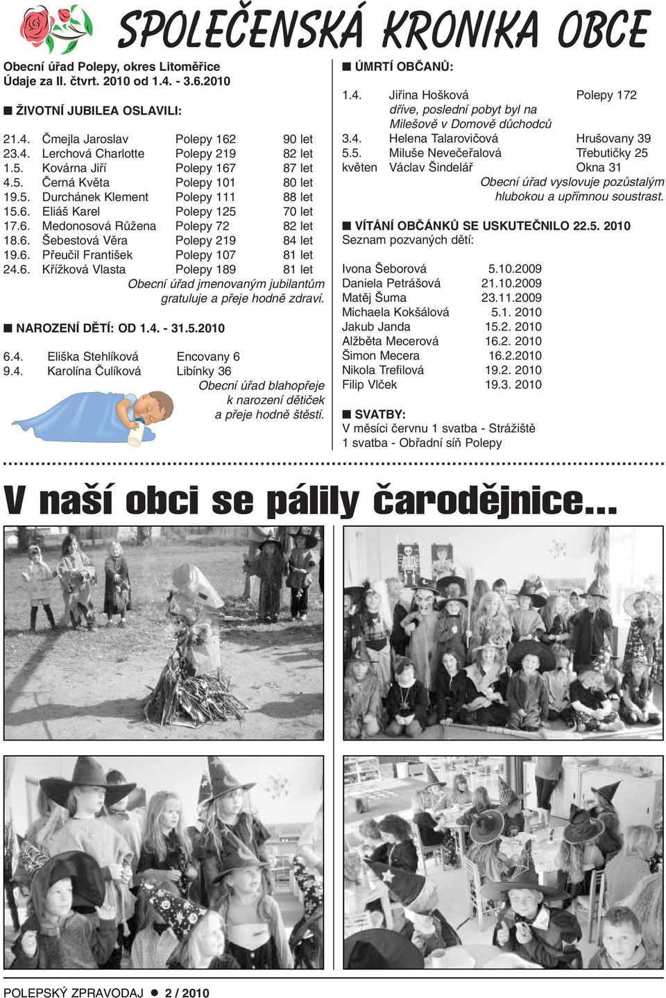 6. Pfieuãil Franti ek Polepy 107 81 let 24.6. KfiíÏková Vlasta Polepy 189 81 let Obecní úfiad jmenovan m jubilantûm gratuluje a pfieje hodnû zdraví. NAROZENÍ DùTÍ: OD 1.4. - 31.5.2010 6.4. Eli ka Stehlíková Encovany 6 9.