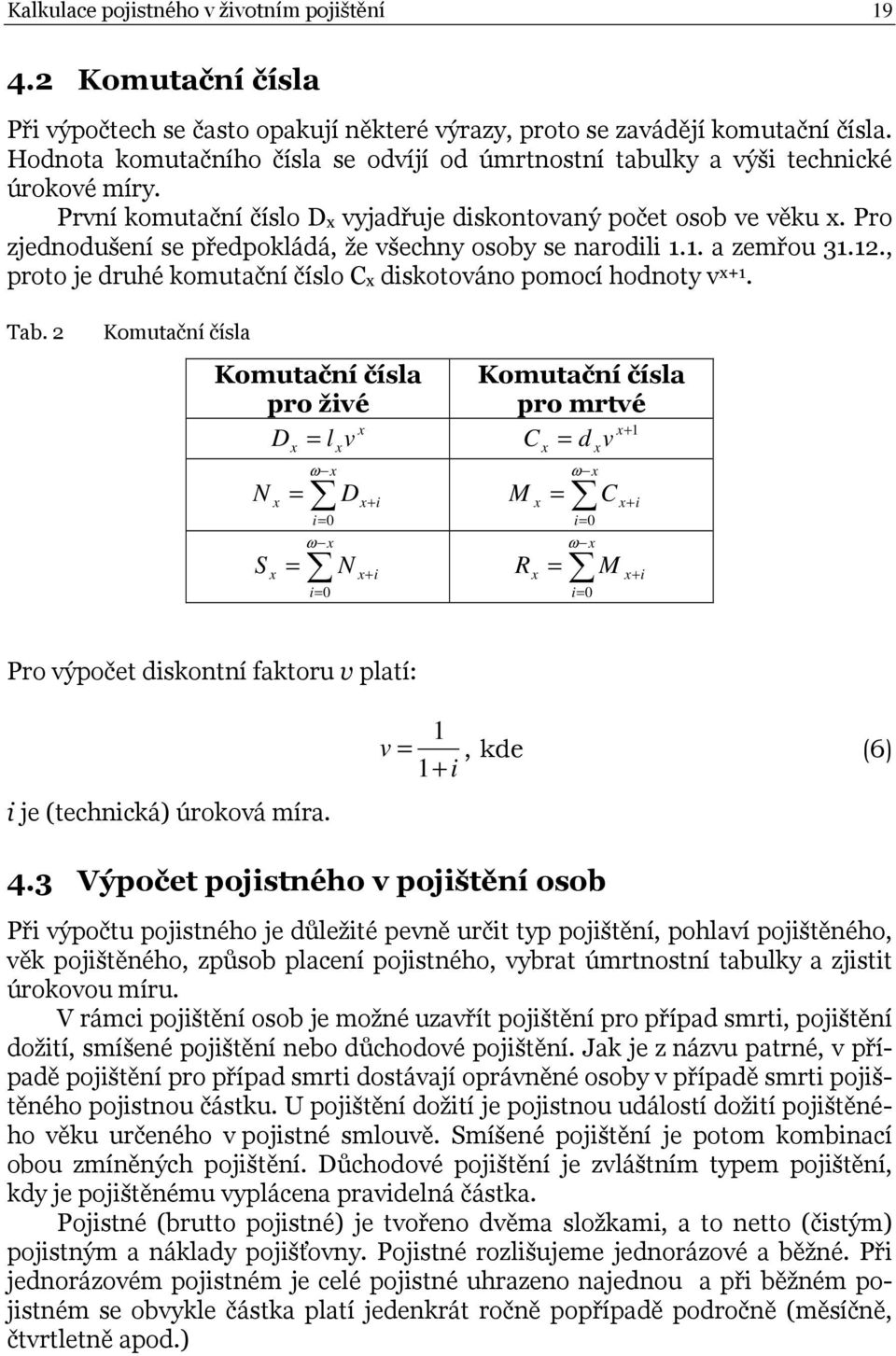 Pro zjedodušeí se předpokládá, že všechy osoby se arodili 1.1. a zemřou 31.12., proto je druhé komutačí číslo C diskotováo pomocí hodoty v +1. Tab.