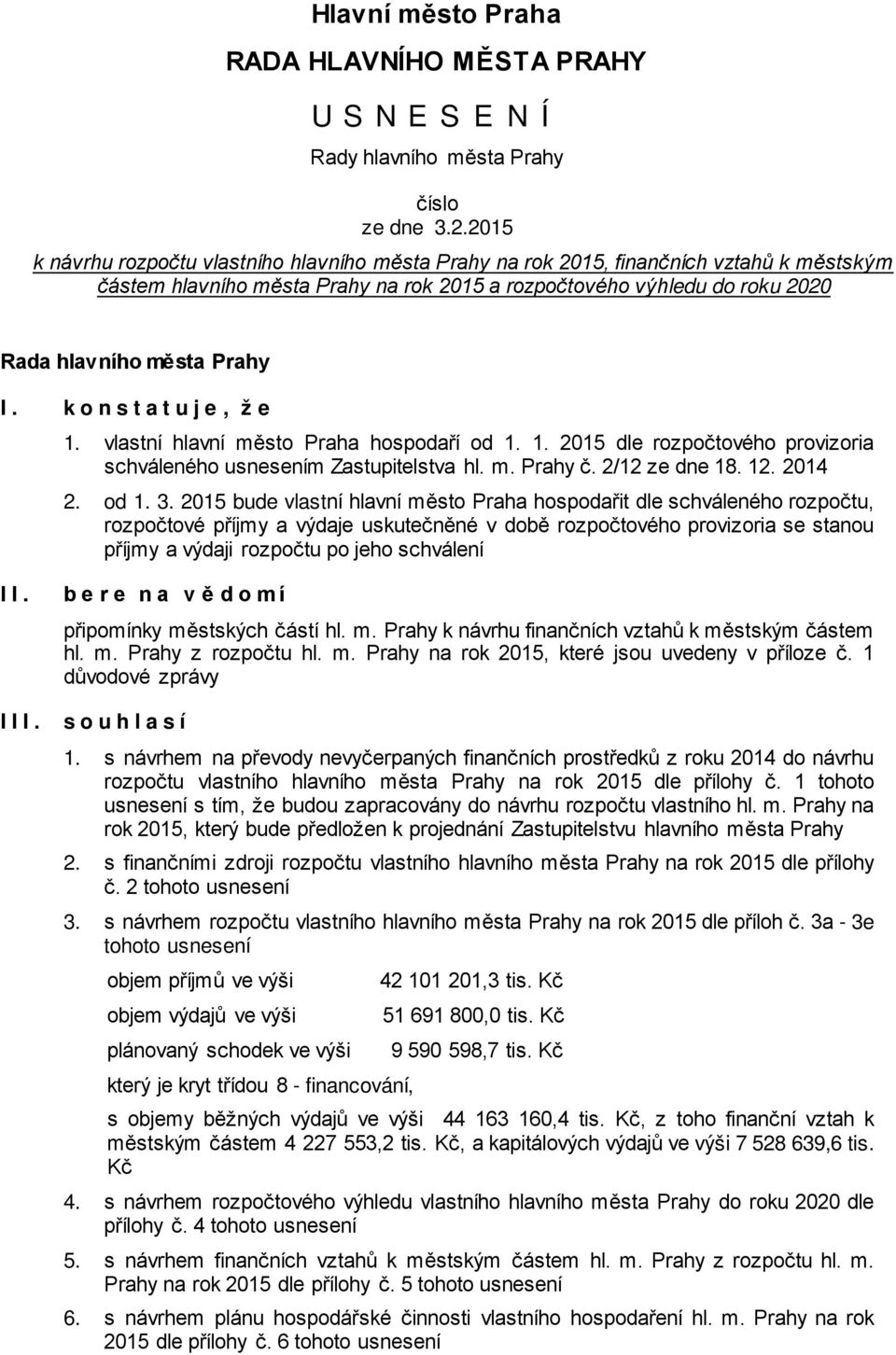 konstatuje, že 1. vlastní hlavní město Praha hospodaří od 1. 1. 2015 dle rozpočtového provizoria schváleného usnesením Zastupitelstva hl. m. Prahy č. 2/12 ze dne 18. 12. 2014 2. od 1. 3.