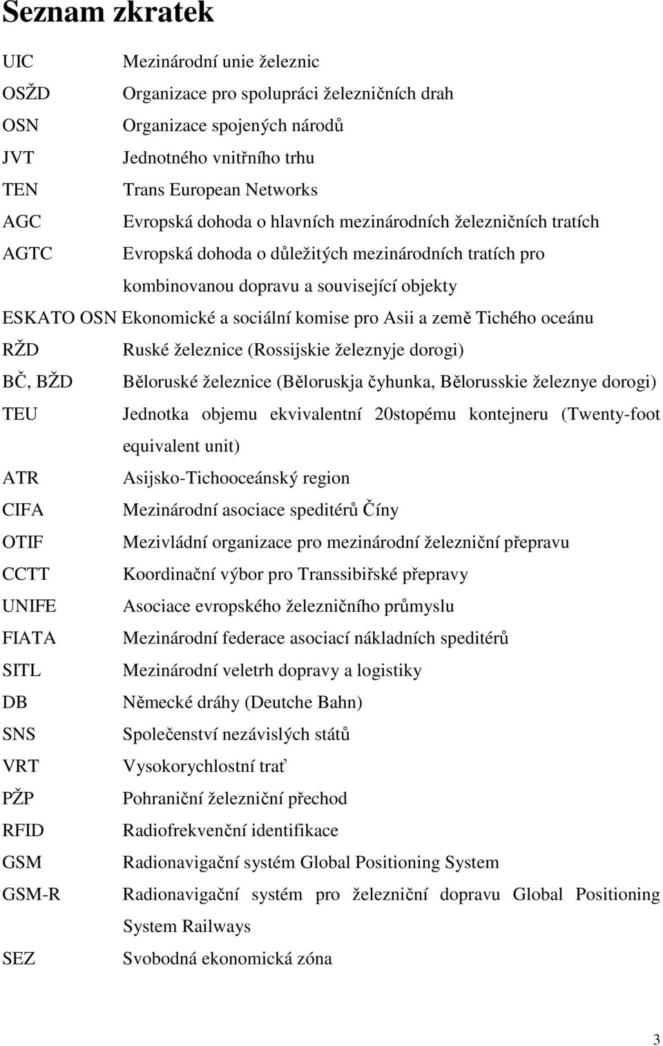 Asii a země Tichého oceánu RŽD Ruské železnice (Rossijskie železnyje dorogi) BČ, BŽD Běloruské železnice (Běloruskja čyhunka, Bělorusskie železnye dorogi) TEU Jednotka objemu ekvivalentní 20stopému