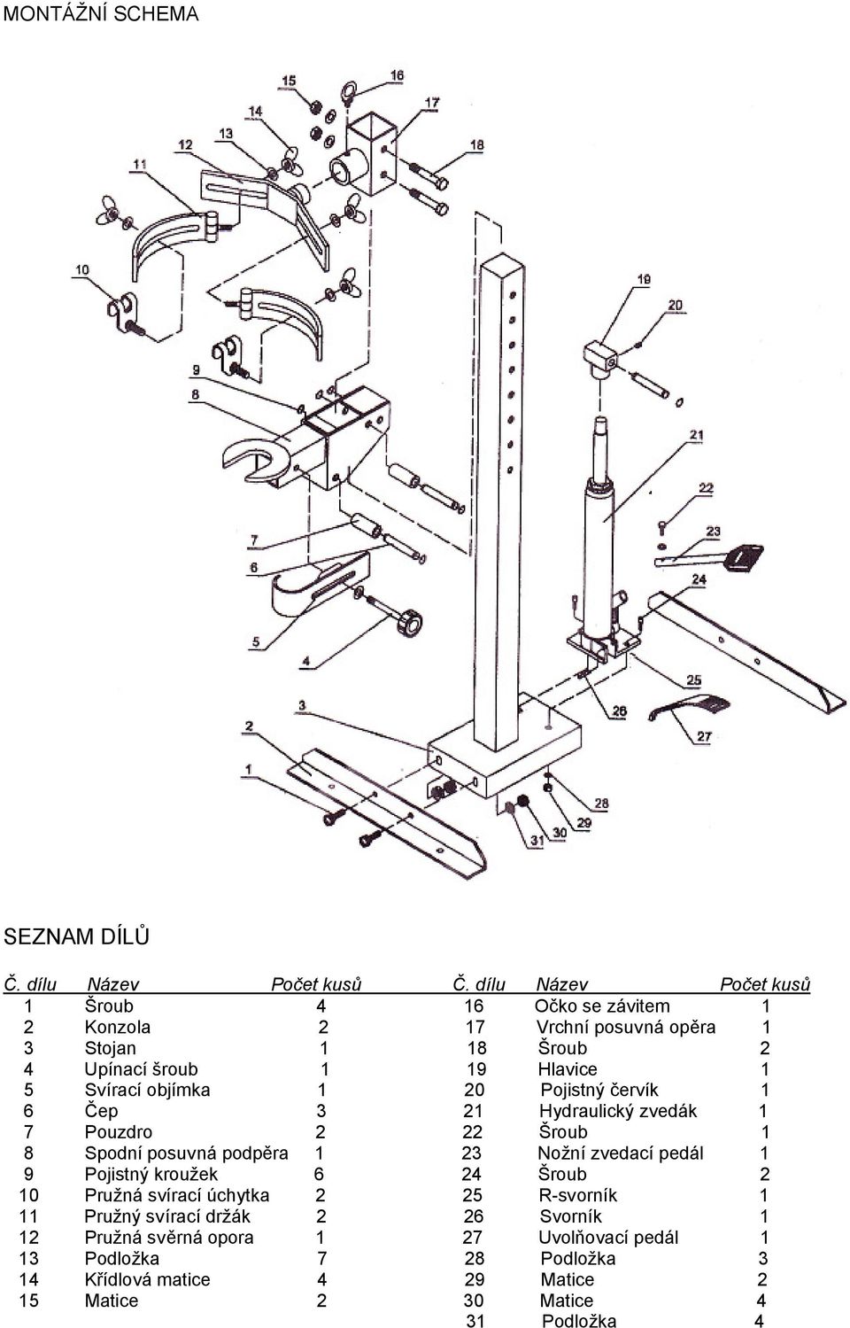 Svírací objímka 1 20 Pojistný črvík 1 6 Čp 3 21 Hydraulický zvdák 1 7 Pouzdro 2 22 Šroub 1 8 Spodní posuvná podpěra 1 23 Nožní zvdací pdál 1 9