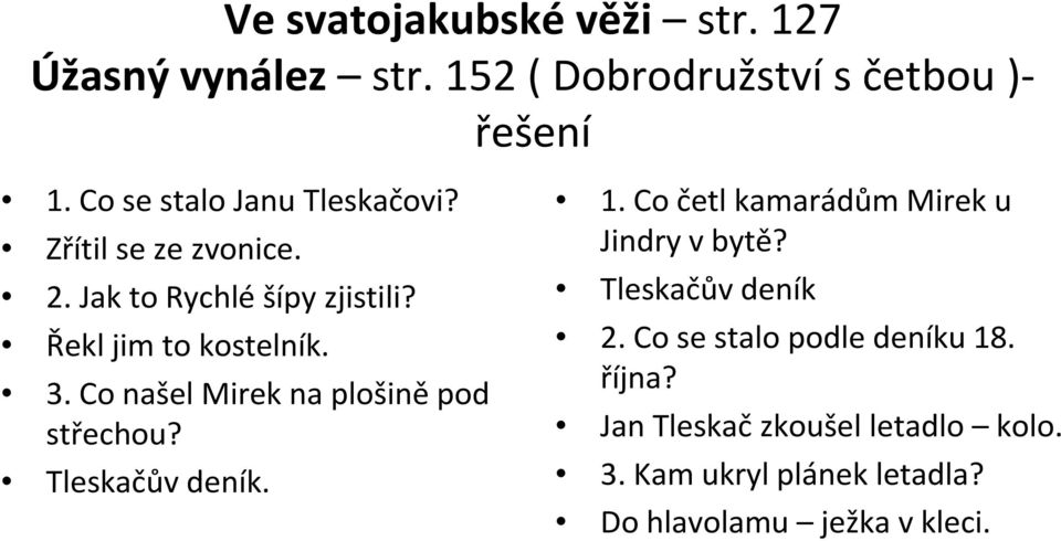 Co našel Mirek na plošiněpod střechou? Tleskačův deník. 1. Co četl kamarádům Mirek u Jindry v bytě?