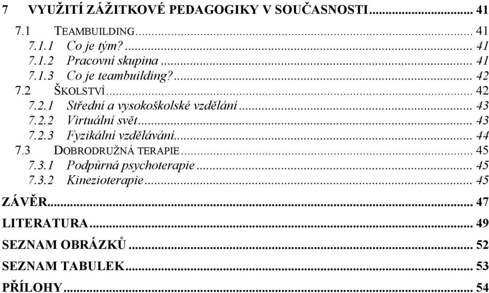 .. 43 7.2.3 Fyzikální vzdělávání... 44 7.3 DOBRODRUŽNÁ TERAPIE... 45 7.3.1 Podpůrná psychoterapie... 45 7.3.2 Kinezioterapie.